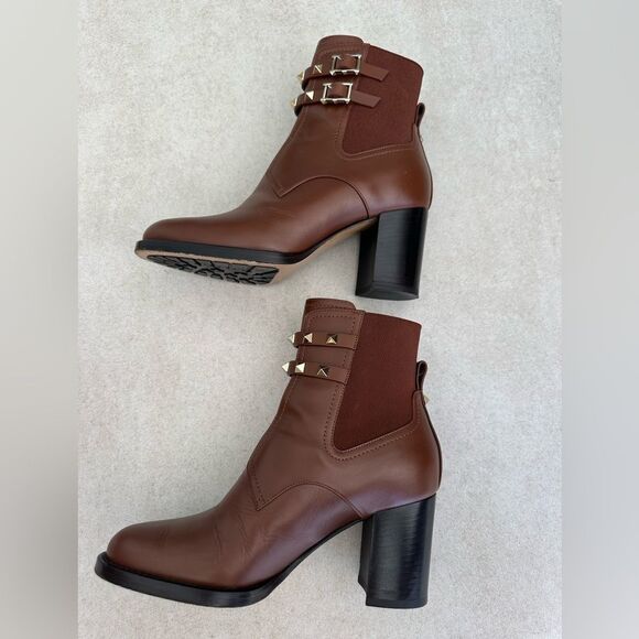 Valentino Rockstud Calfskin Buckle-Strap Ankle Boots Block Heel Brown Size 37US7 - Picture 5 of 11